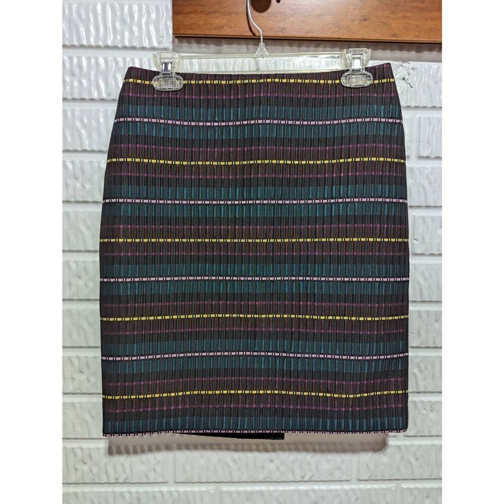 Ann Taylor 4P Black Pencil Skirt Yellow Pink Green Burgundy Stripe NWT $89